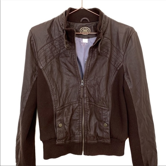 ANTHROPOLOGIE | Women’s Chocolate Brown Leather Moto Jacket Brass Hardware - Picture 2 of 7